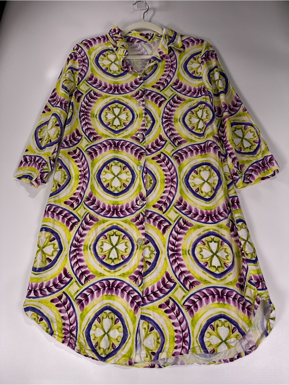 Made In Italy Shirt Dress Linen Medallion Print Green Purple Size 10 - Picture 2 of 10